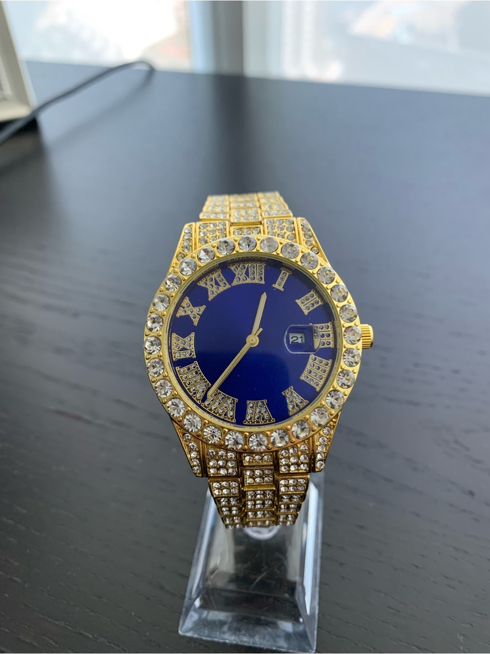 Gold-Tone Men’s Watch with Blue Dial and Crystal Accents